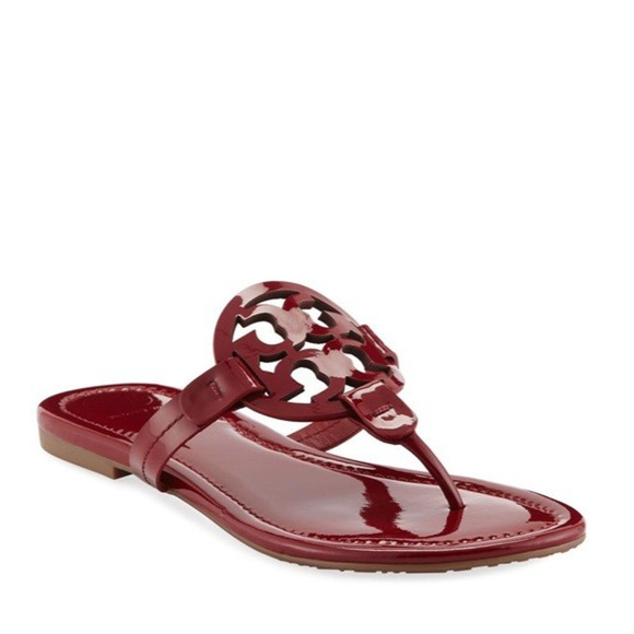 Tory Burch Miller Thong Sandal Red Patent Leather Flat Dark Redstone Flip Flop 9 - Picture 1 of 10